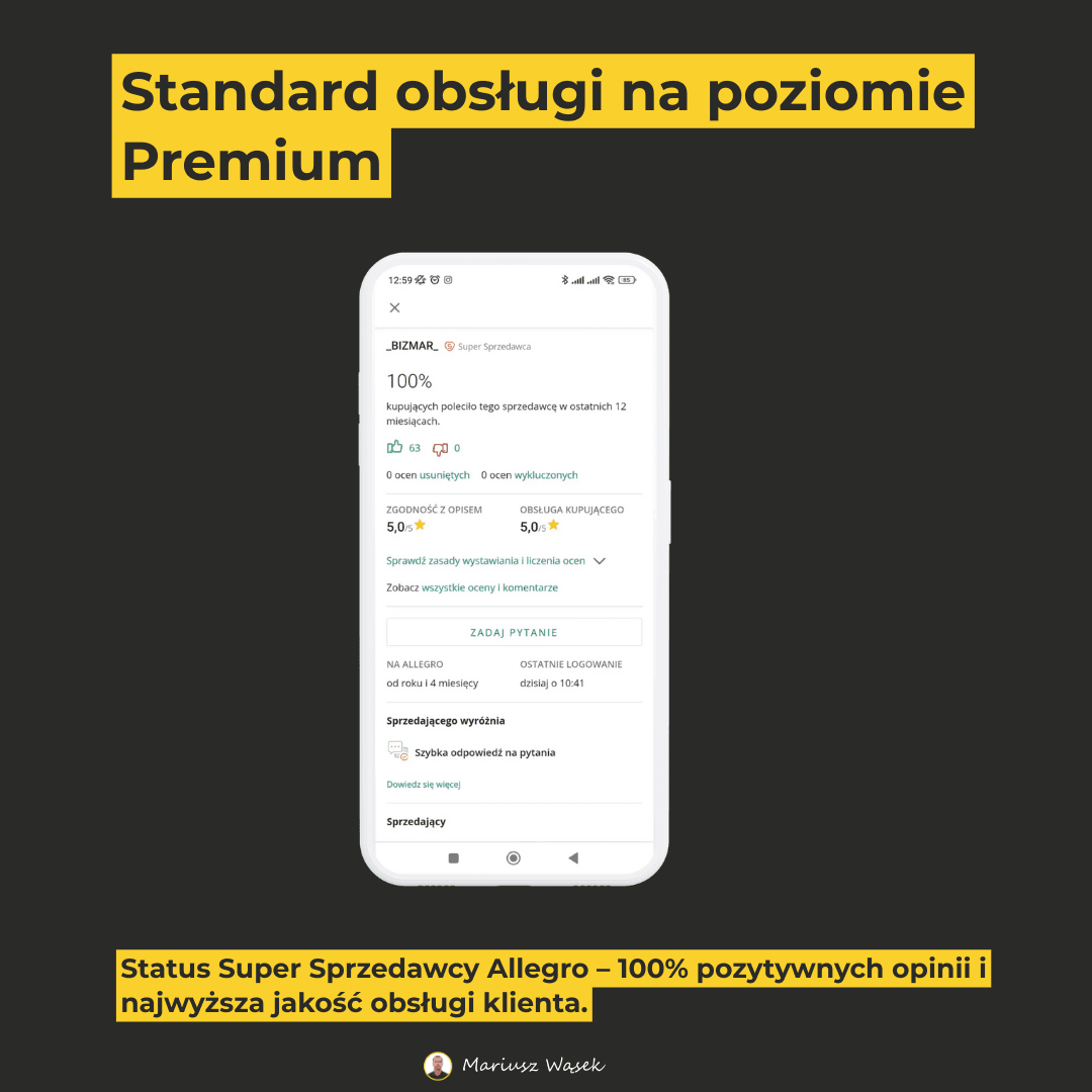 super-sprzedawca-allegro-jakosc-obslugi Certyfikat i panel Super Sprzedawcy Allegro potwierdzający 100% pozytywnych opinii i wysoką jakość obsługi klienta.