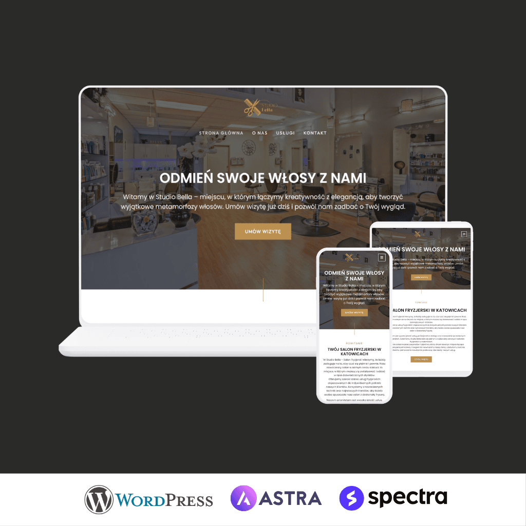 Podgląd nowoczesnej strony www dla salonu fryzjerskiego Studio Bella w Katowicach.