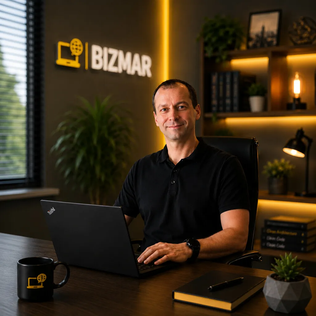 Specjalista WordPress i WooCommerce w biurze Bizmar podczas pracy nad projektem strony internetowej.