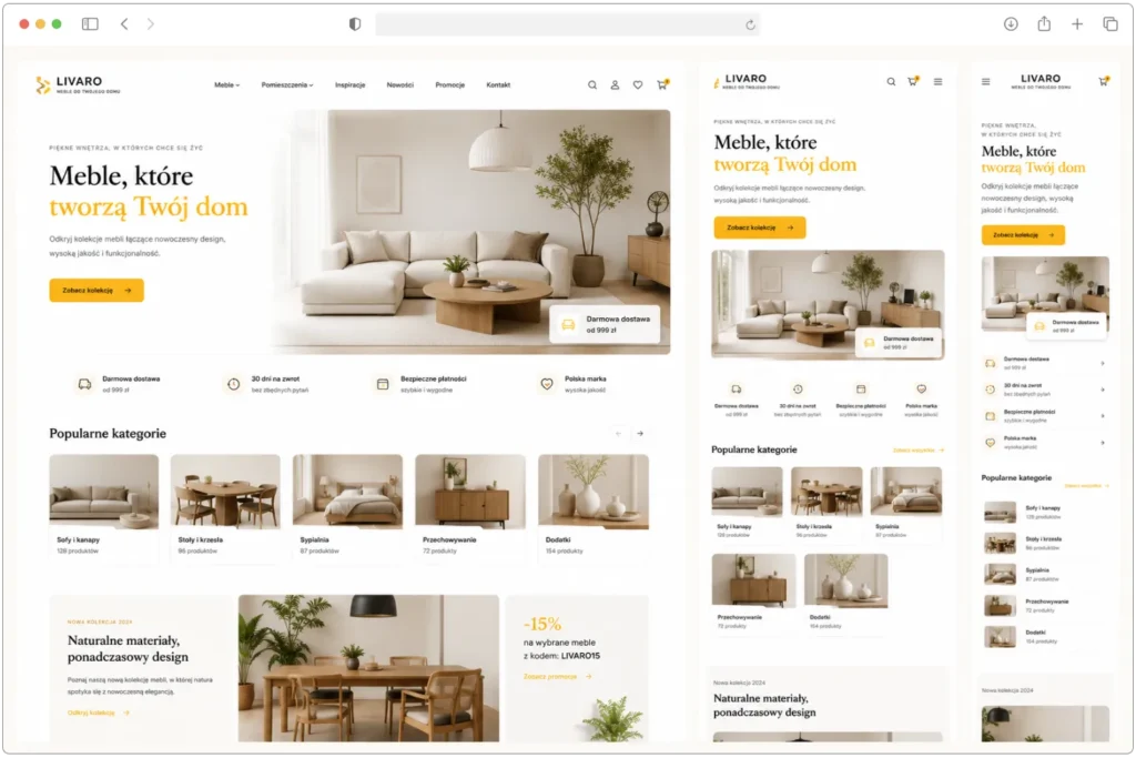 Nowoczesny projekt sklepu internetowego WooCommerce dla marki premium z responsywnym widokiem na laptopie i smartfonie.