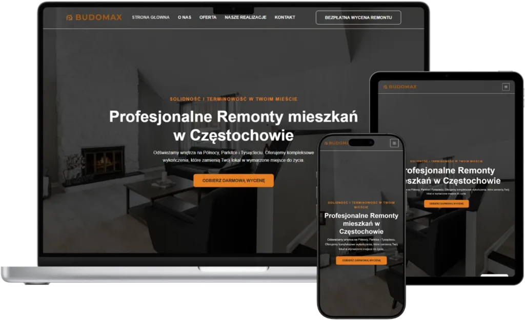 Responsywny projekt strony Budomax na desktopie, tablecie i urządzeniu mobilnym