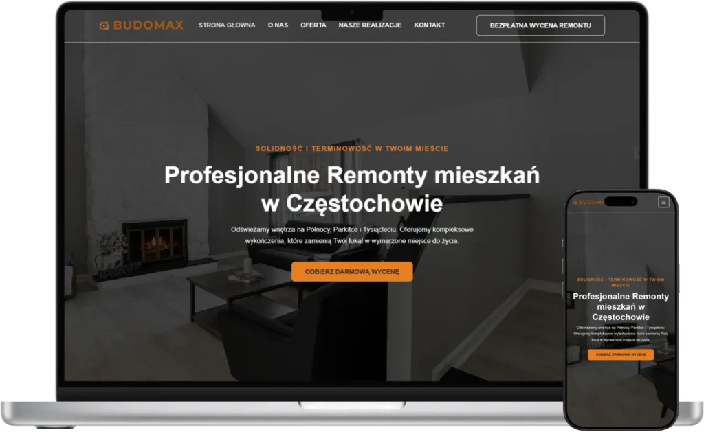 Responsywny projekt strony Budomax na desktopie i urządzeniu mobilnym.
